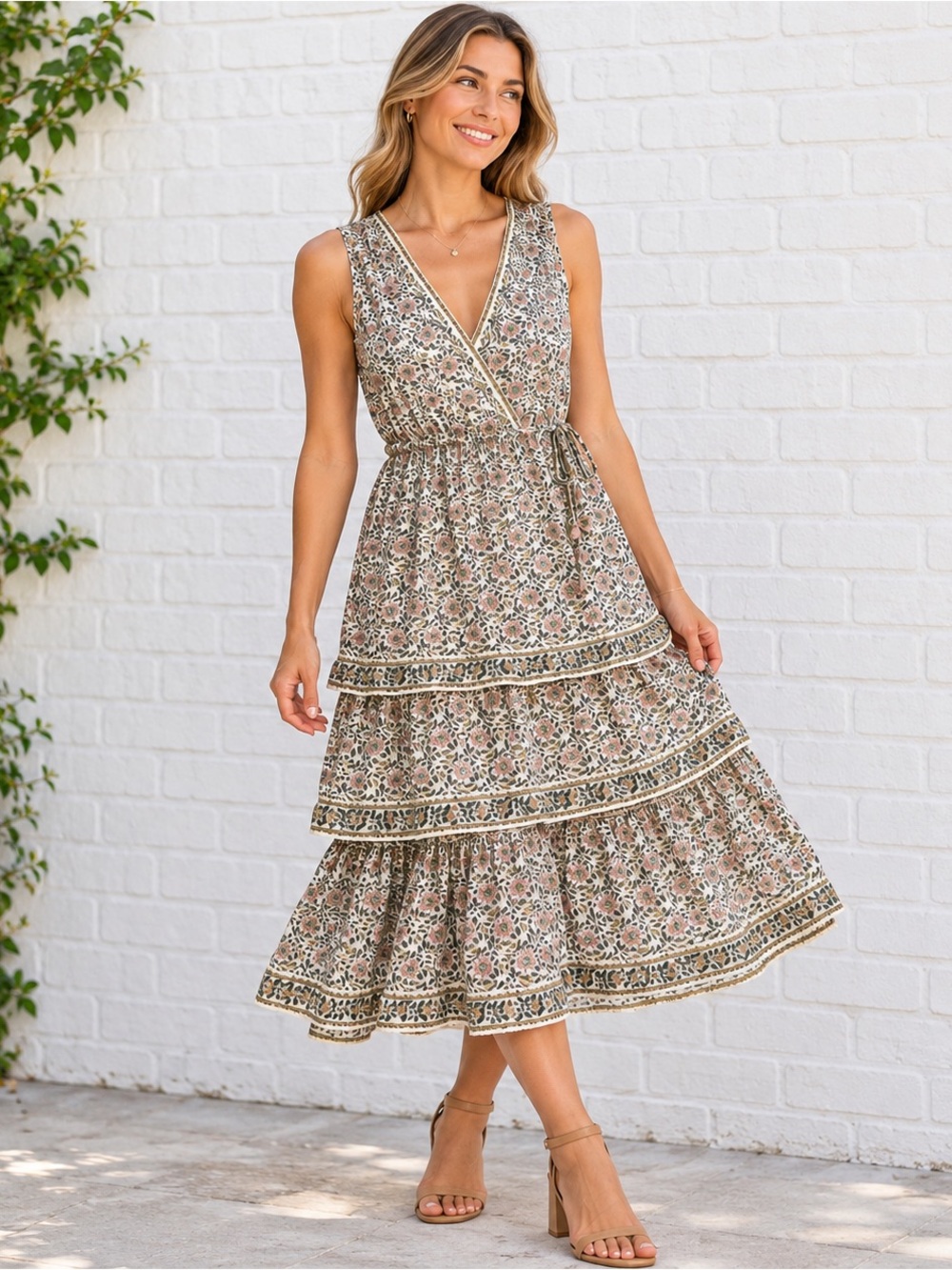 Max Studio Floral Tiered V-Neck Dress Size L NWT